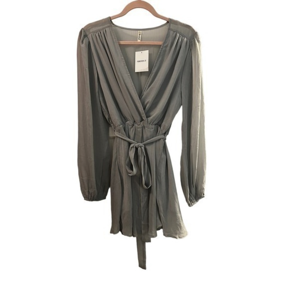 ⭐️ Forever 21 Semi-Sheer Long Sleeve Grey Dress with Tie Belt